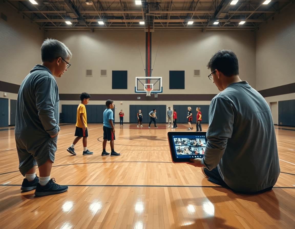 Coaches review video clips as a 2nd grade basketball practice plan unfolds on hardwood court.