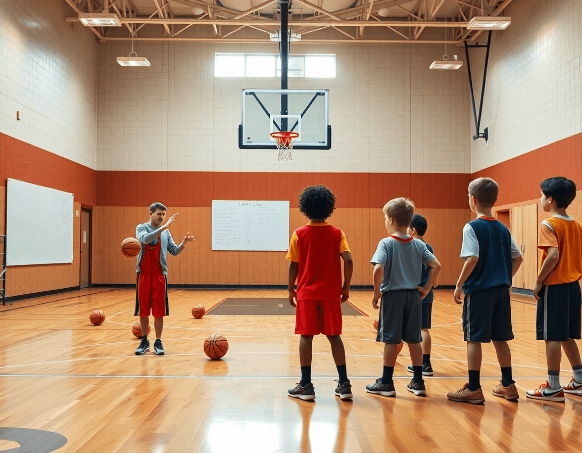 Coach introduces a 2nd grade basketball practice plan on a brightly lit hardwood court for young players.
