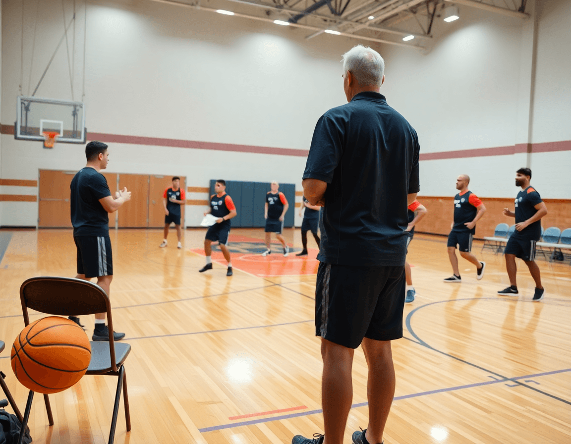 Coaches and players drill a 3-2 matchup zone on a hardwood basketball court.