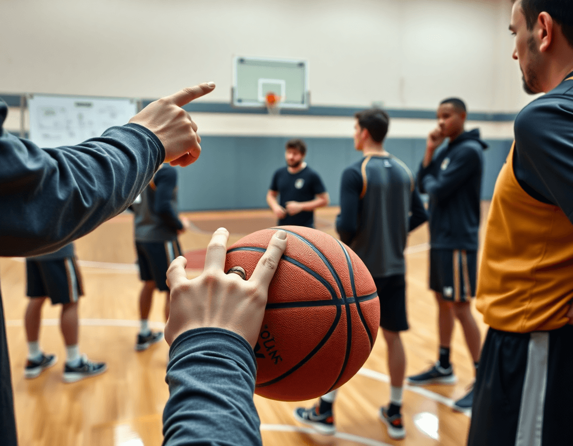 Close-up on hands gripping a basketball as a coach points to a tactics whiteboard.