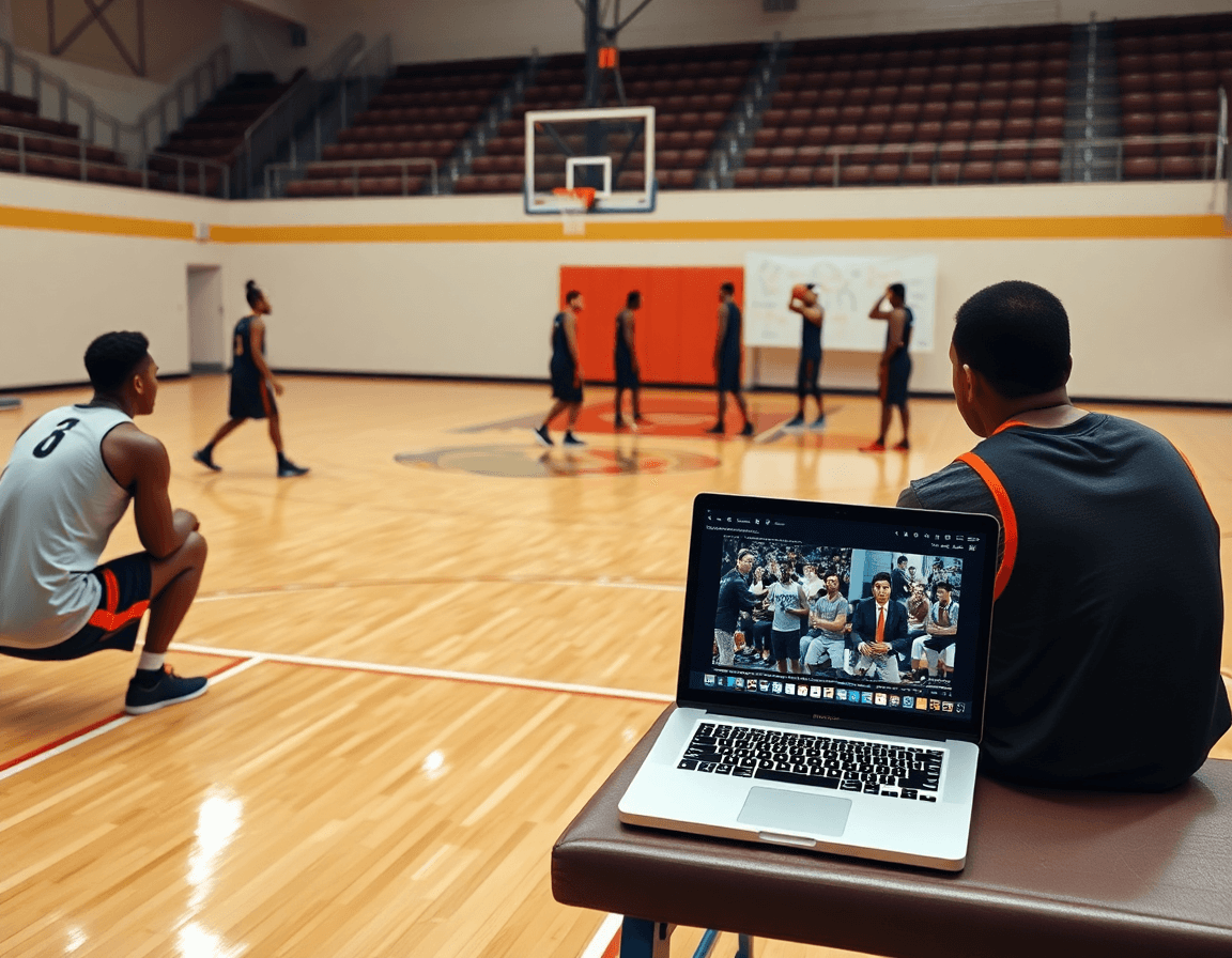 Video analysis scene with a coach reviewing basketball clips and teaching 3-2 matchup zone defense on court.