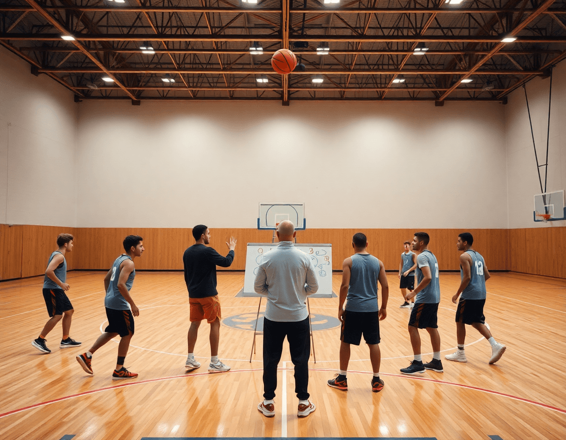 Wide shot of a basketball gym teaching 3-2 matchup zone defense with a coach and basketball players.
