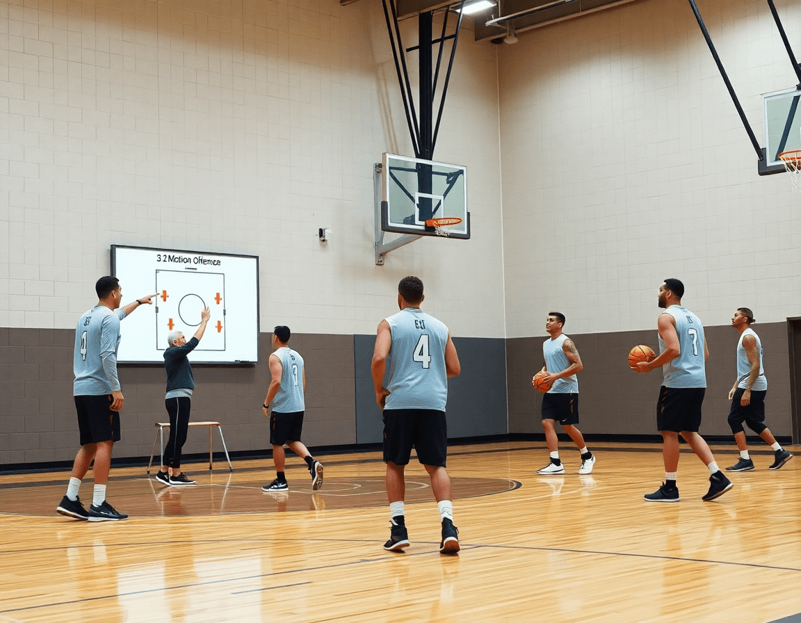 Coach points to a whiteboard illustrating 3 2 motion offense basketball while players pass and dribble.