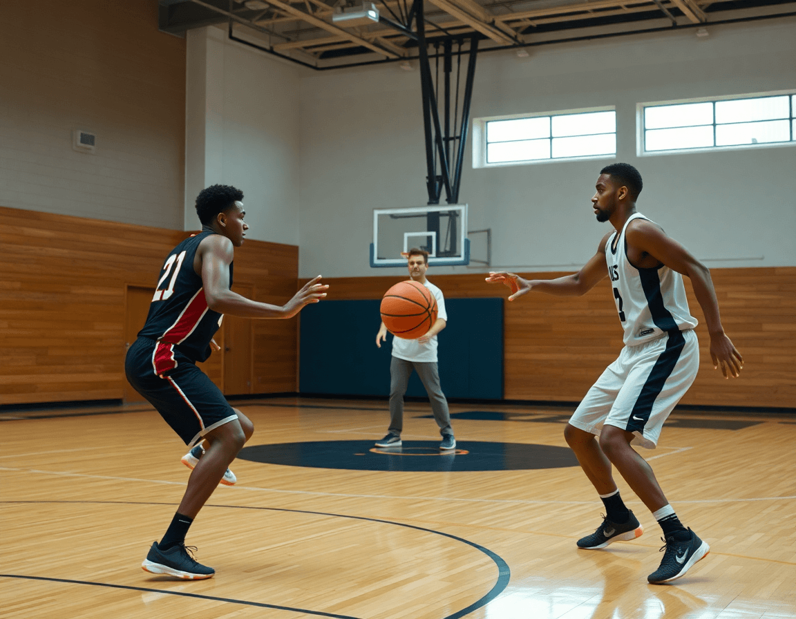 Two players near the blocks on the hardwood court executing 3 2 motion offense basketball with coach guidance.