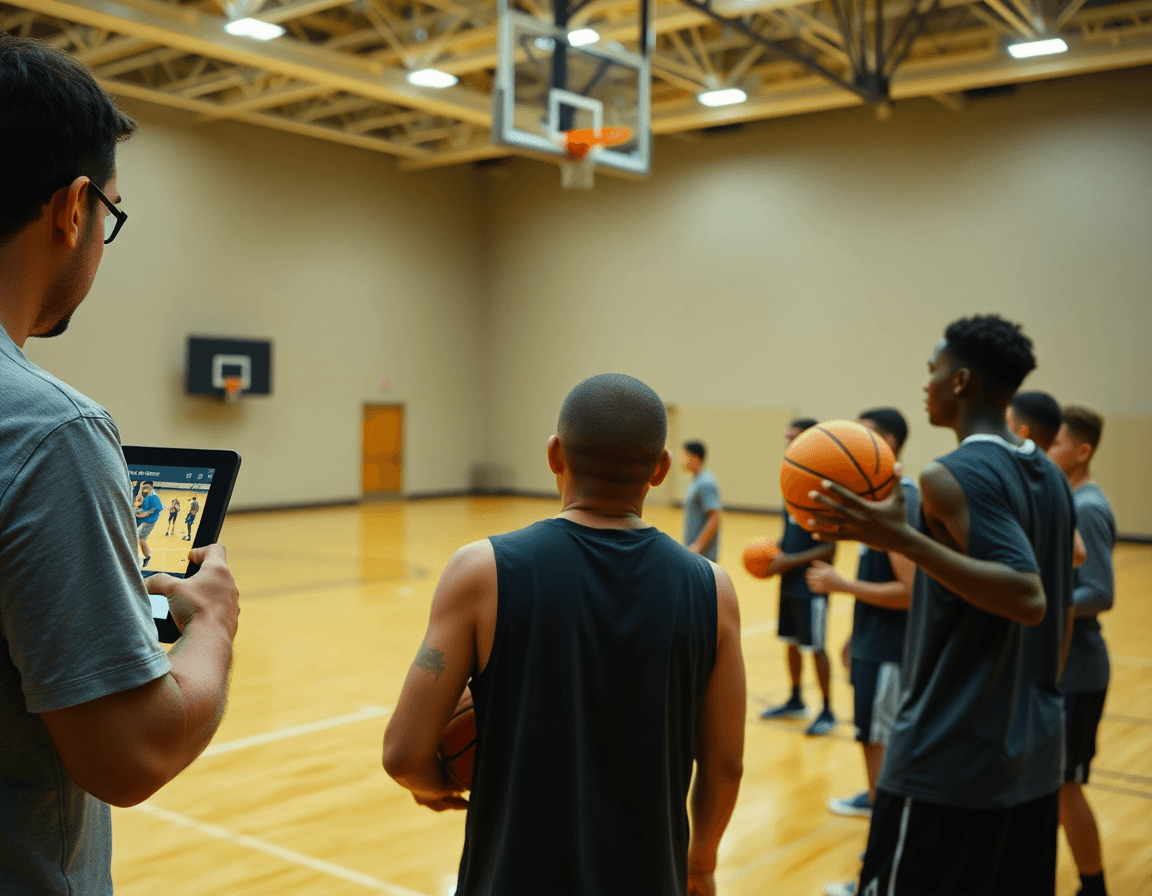 Video study session for 3 2 motion offense basketball on a tablet, then on-court practice.