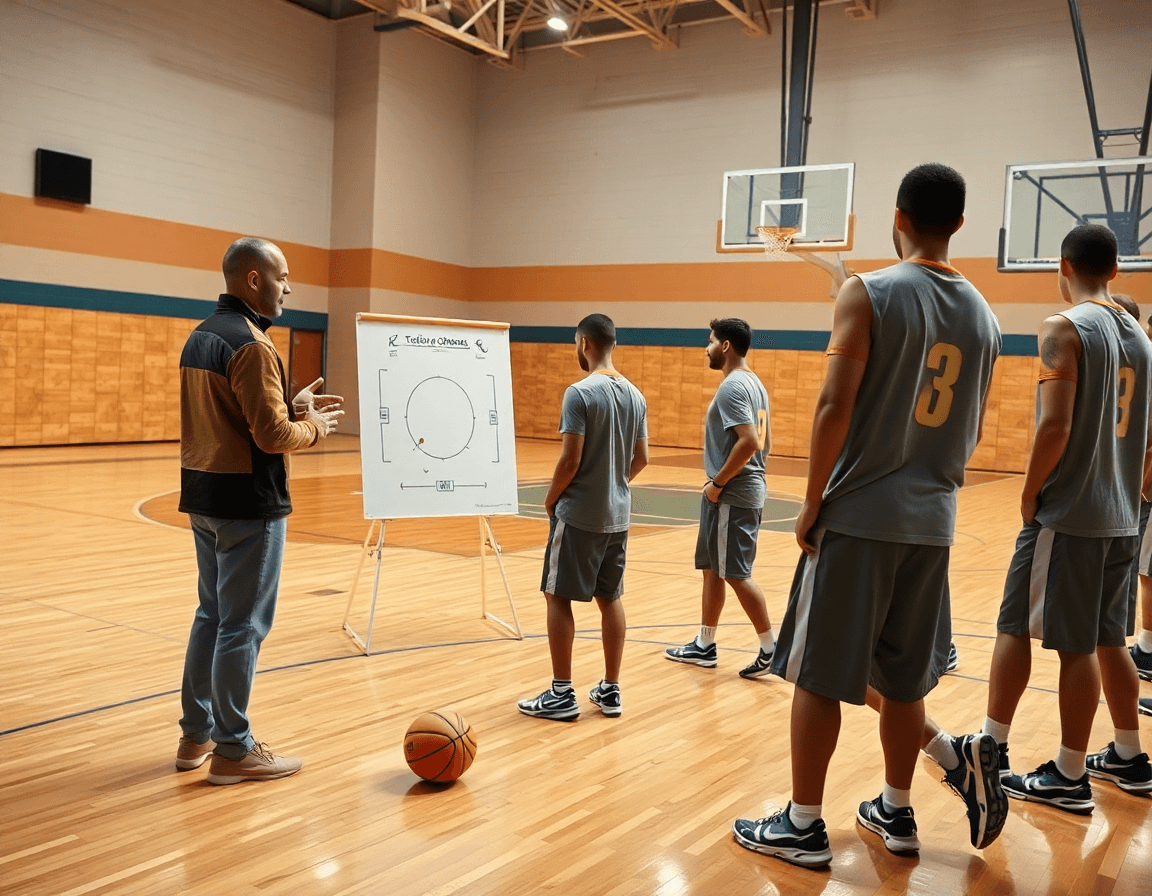 Wide shot of a basketball gym with coaches and players practicing the 3 2 motion offense basketball.