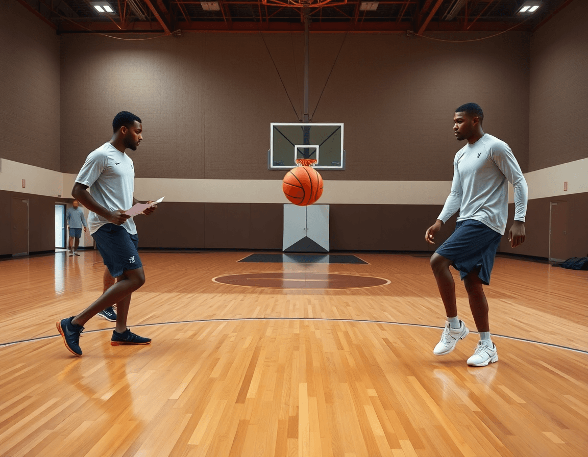 Close-up of two players executing a 3 2 sliding zone defense concept on a basketball court.