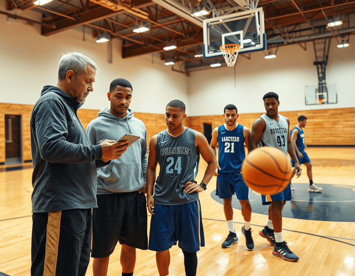 Coach and players review a 3 2 sliding zone defense clip during basketball practice on a gym court.