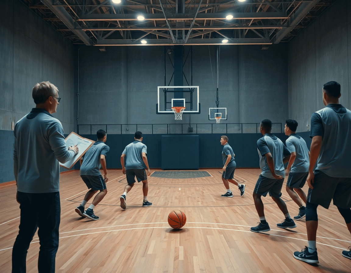 Wide basketball gym scene showing players in a 3 2 sliding zone defense setup.