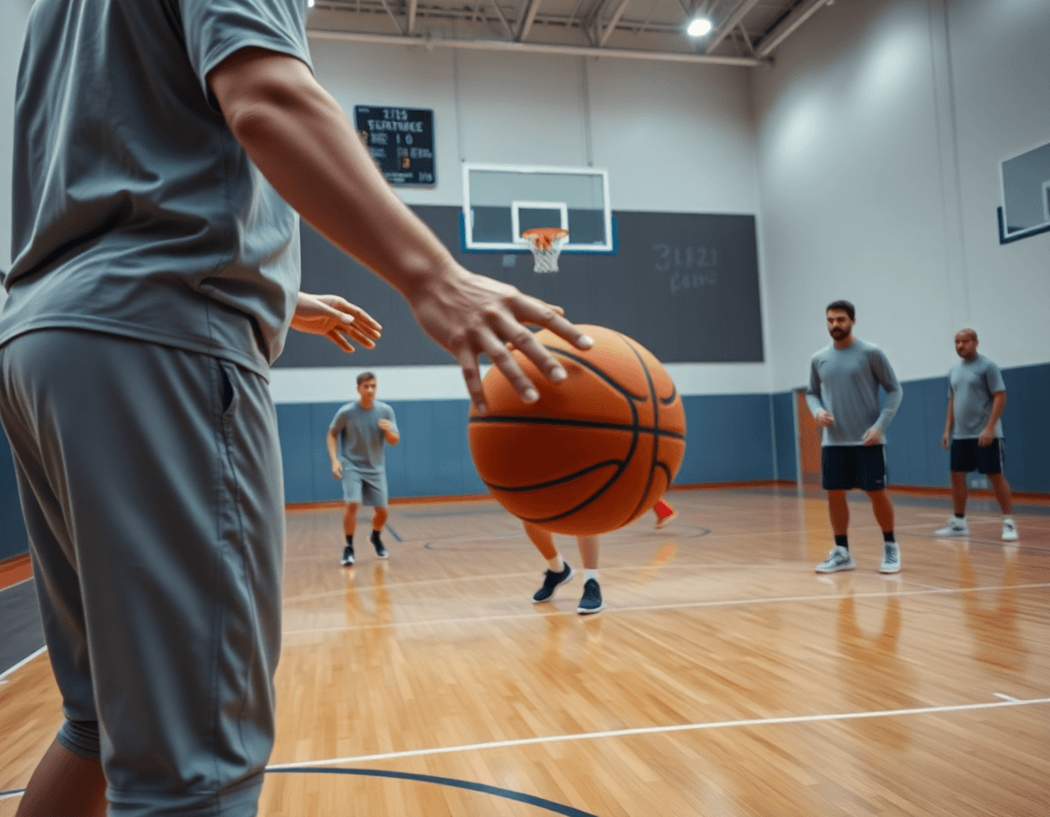 Close-up basketball shot showing hands directing a play with a coach's whiteboard, referencing 3 2 zone defense pdf.