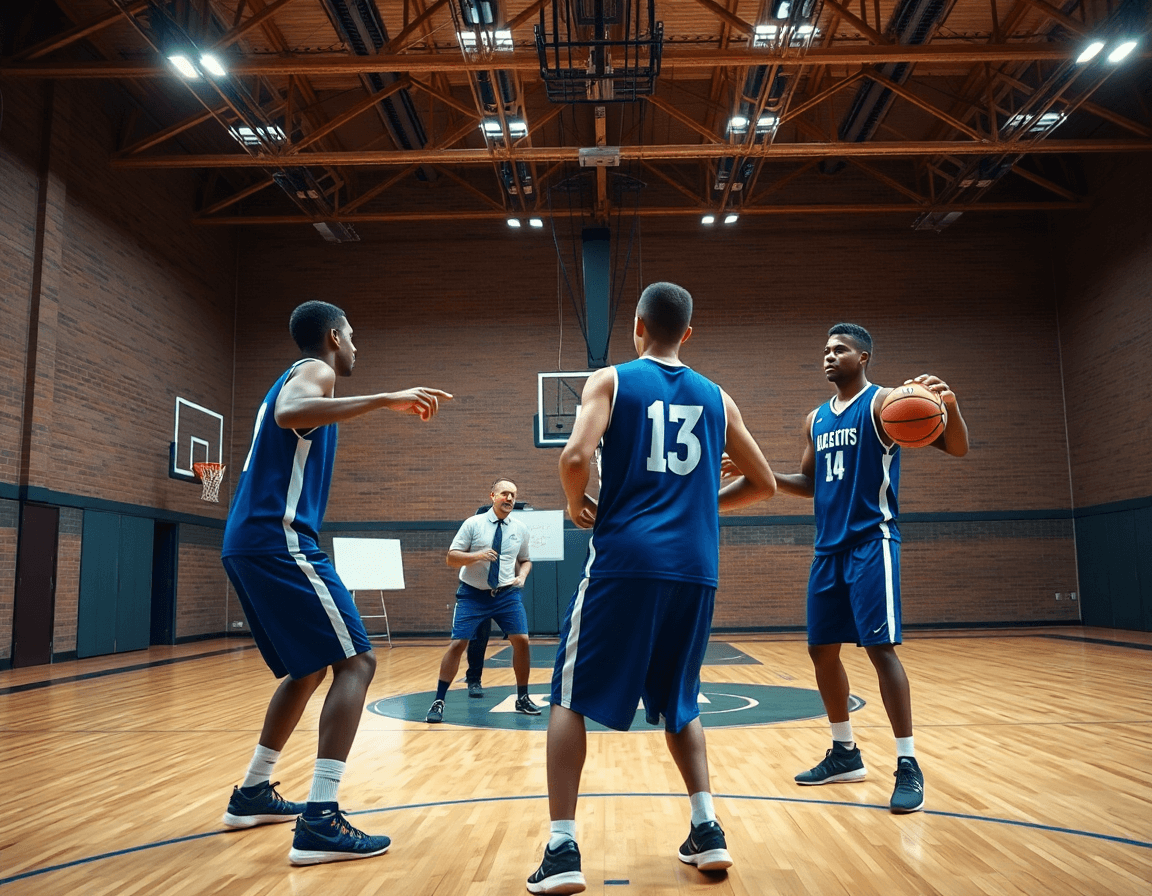 Close-up basketball action with players guarding, referencing 3 2 zone defense pdf resource for coaches.