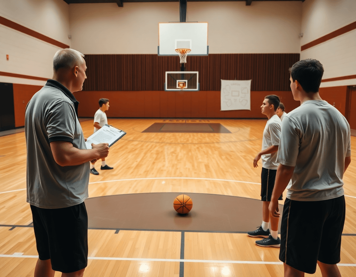 Wide basketball gym scene showing coaches and players, referencing the 3 2 zone defense pdf resource for coaches.