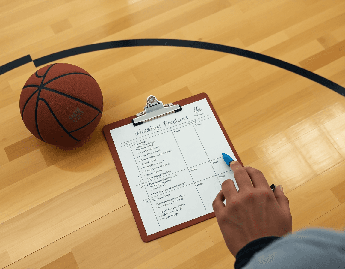 Coach's weekly practice plan on a clipboard