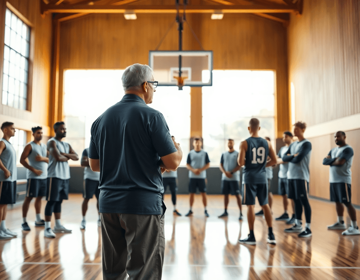 Basketball coach leading a team practice in a gym