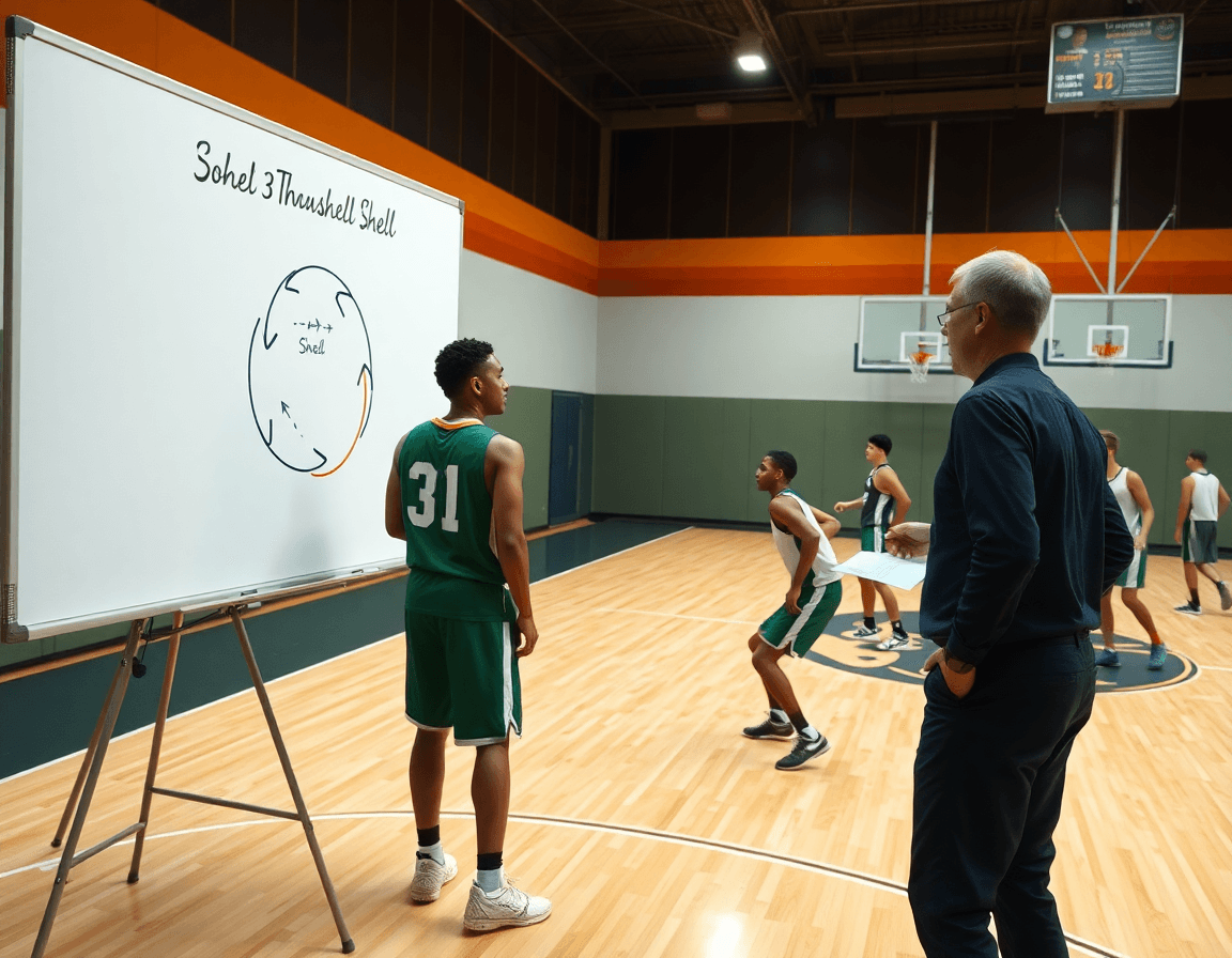 Coach shows the 3-man shell drill on the whiteboard beside players on the basketball court.
