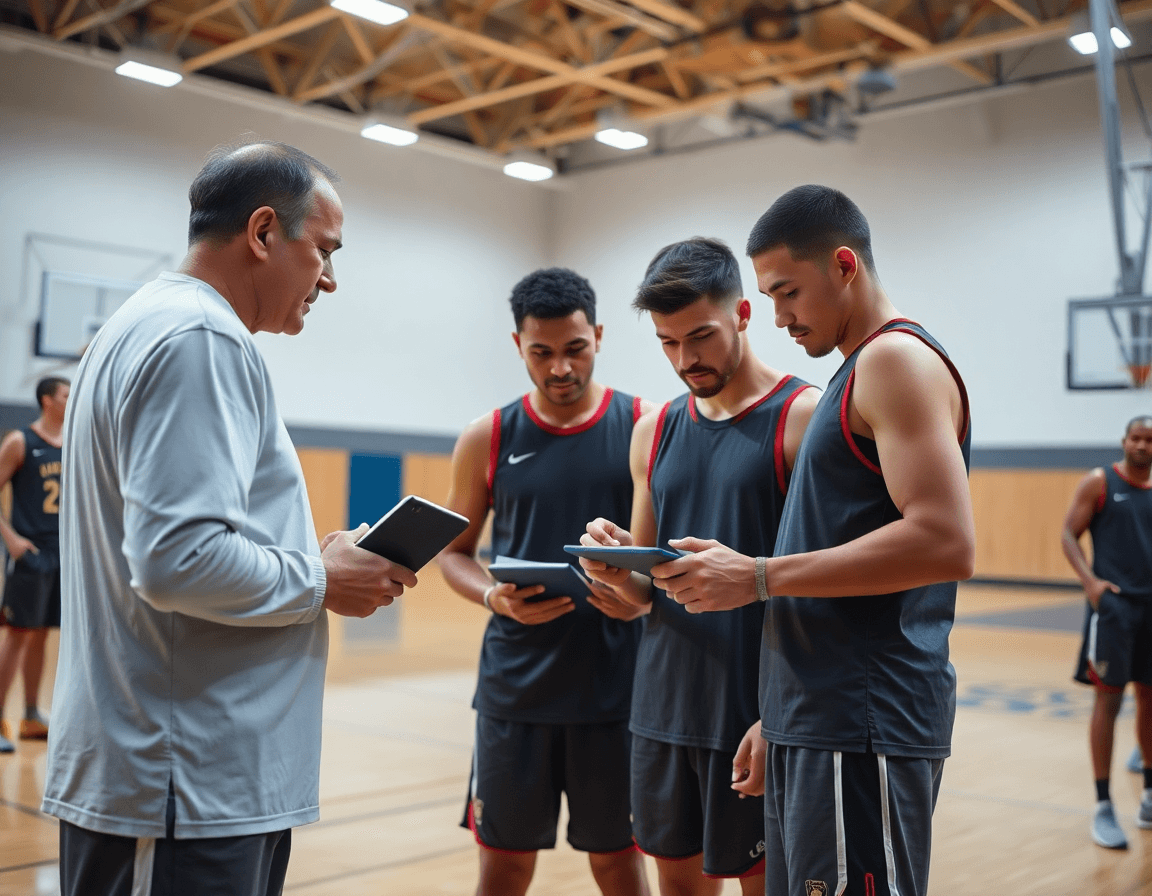 Coaches and players review 3-man shell drill clips after basketball practice.