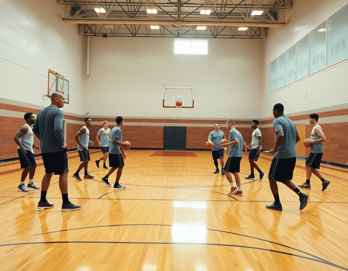 Wide shot of a basketball gym with players and coach running a 3-man shell drill under bright lights.