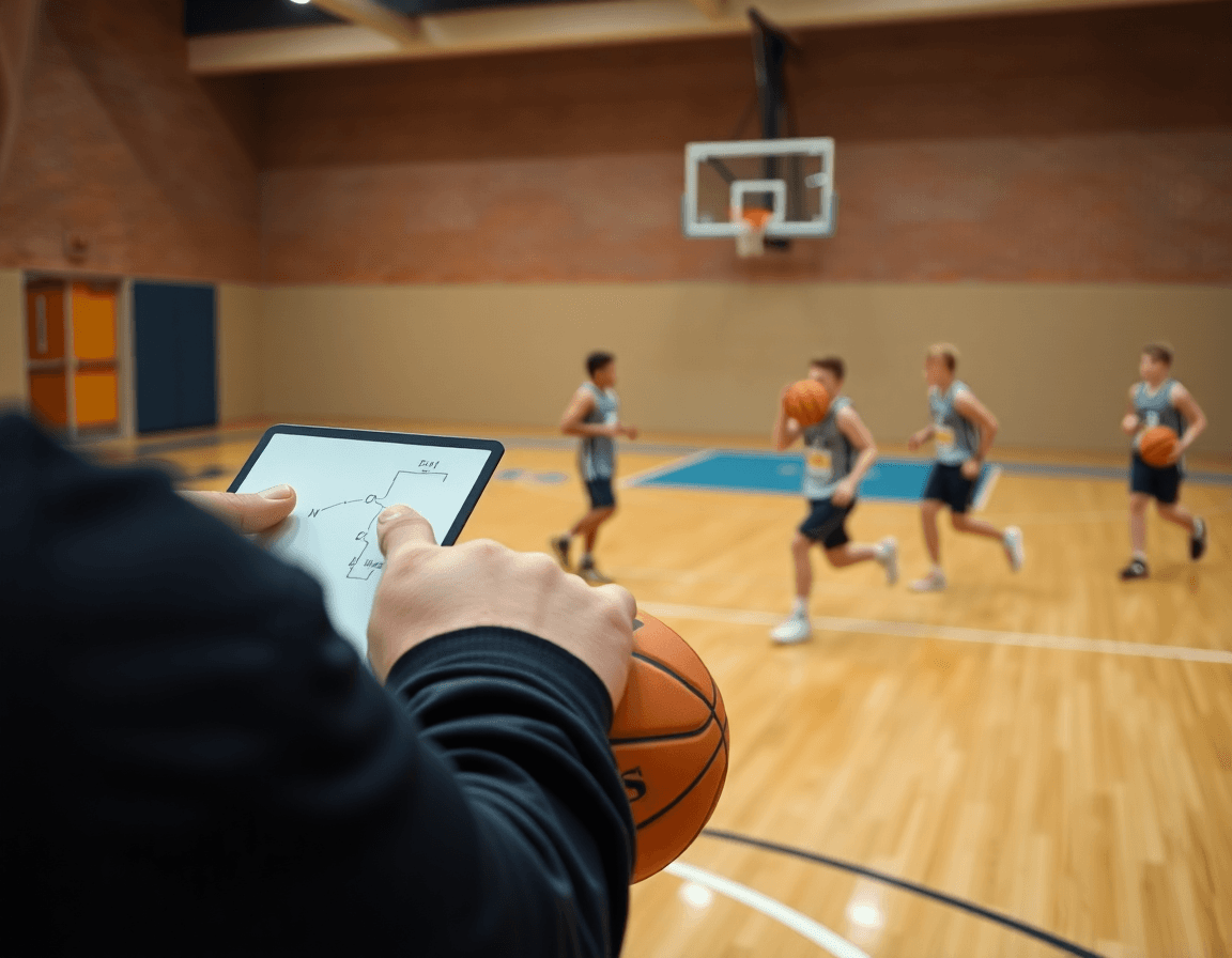 Close-up of hands guiding 3 on 3 basketball drills youth, coach uses whiteboard on hardwood.