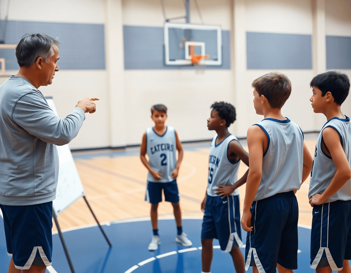 Coach directs 3 on 3 basketball drills youth on hardwood with whiteboard aid.