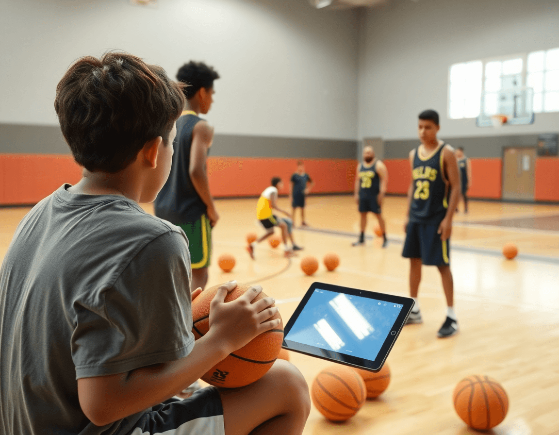 Players study 3 on 3 basketball drills youth clip on tablet after practice.