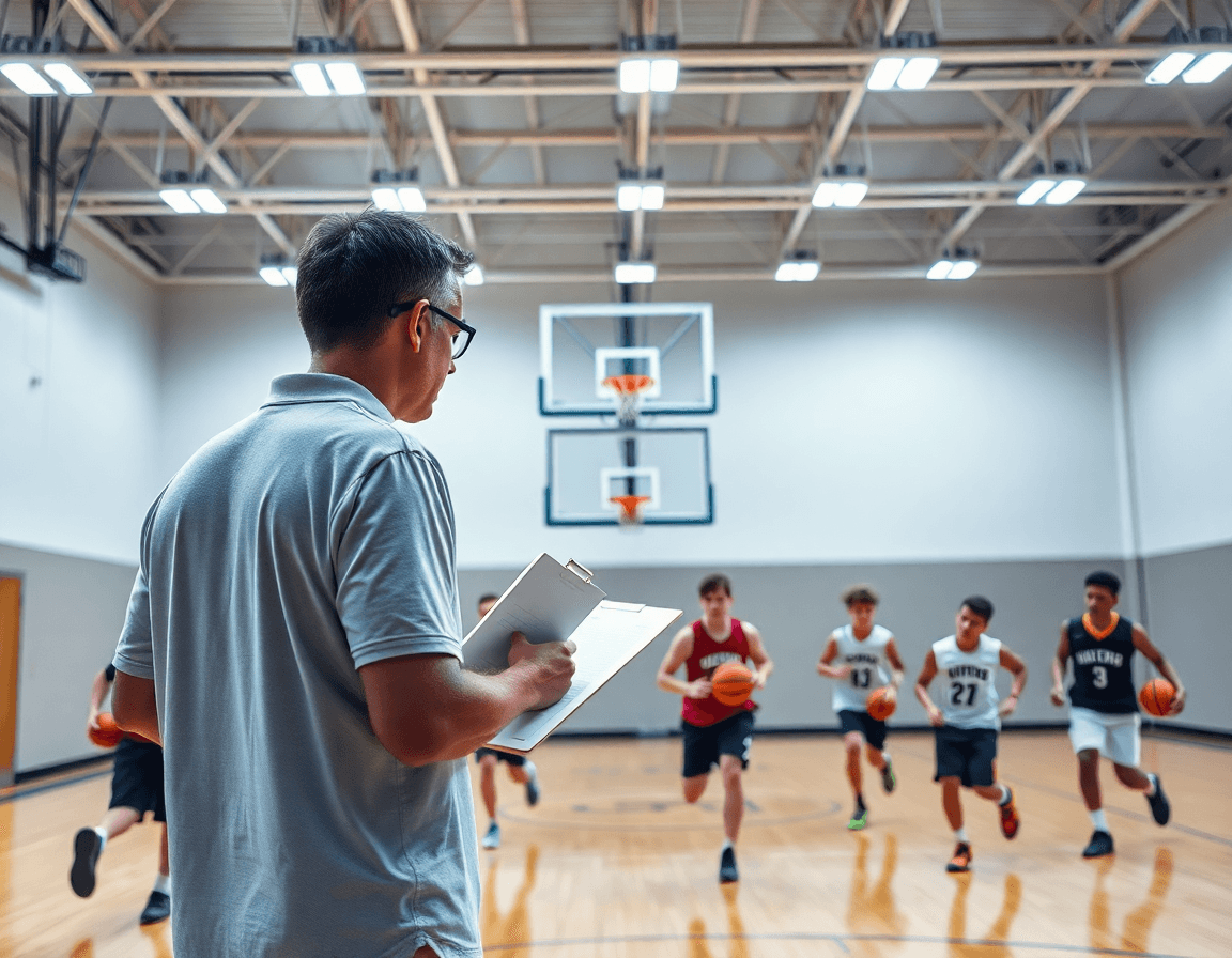 Wide cinematic view of a gym with 3 on 3 basketball drills youth in progress, coach guiding players.