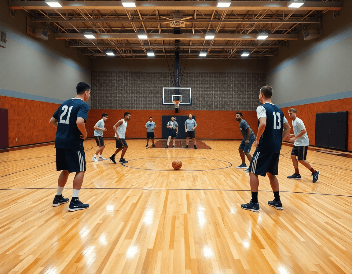 Progression drills show players moving through spots on a hardwood basketball court during practice.
