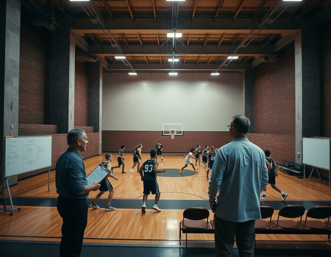 Wide gym scene showing a basketball coach guiding players in a 3 out 2 in motion offense.