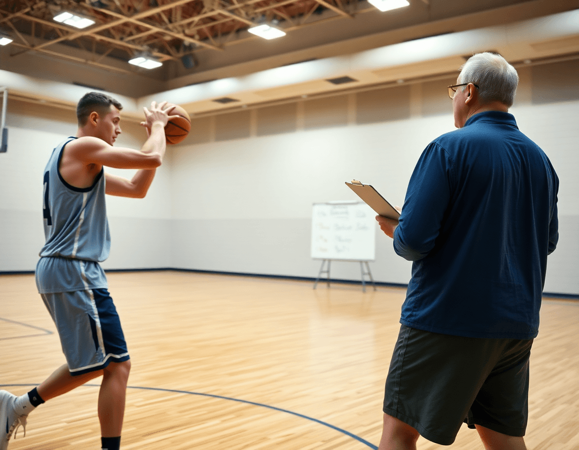 Two players execute a quick basketball pass-and-cut as the coach points to coaching points on a hardwood court.