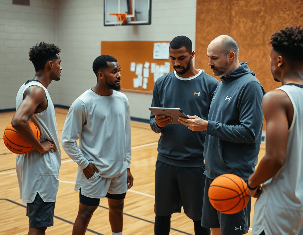 Coach reviews basketball video clips on a tablet while players with basketballs stand on the hardwood court.