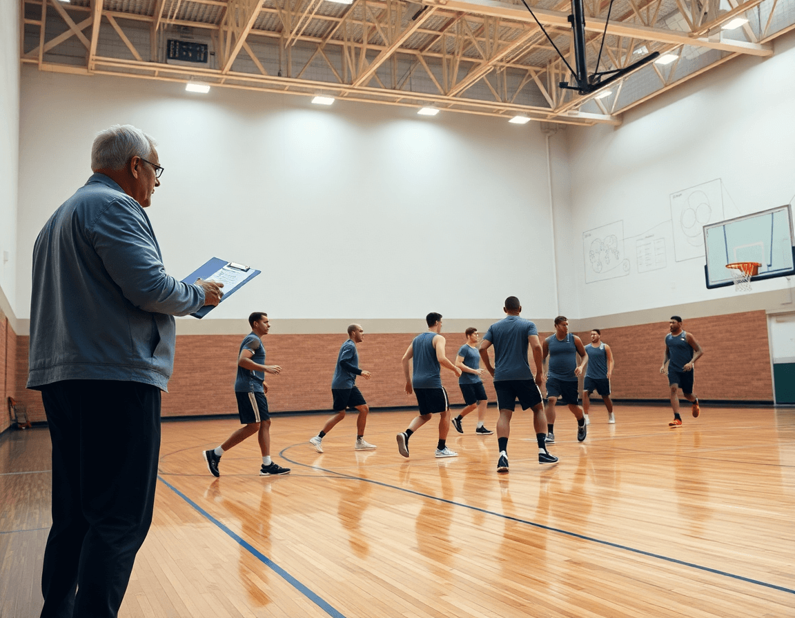 Wide gym scene: a coach maps 36 basketball practice plans on a clipboard beside players on hardwood court.