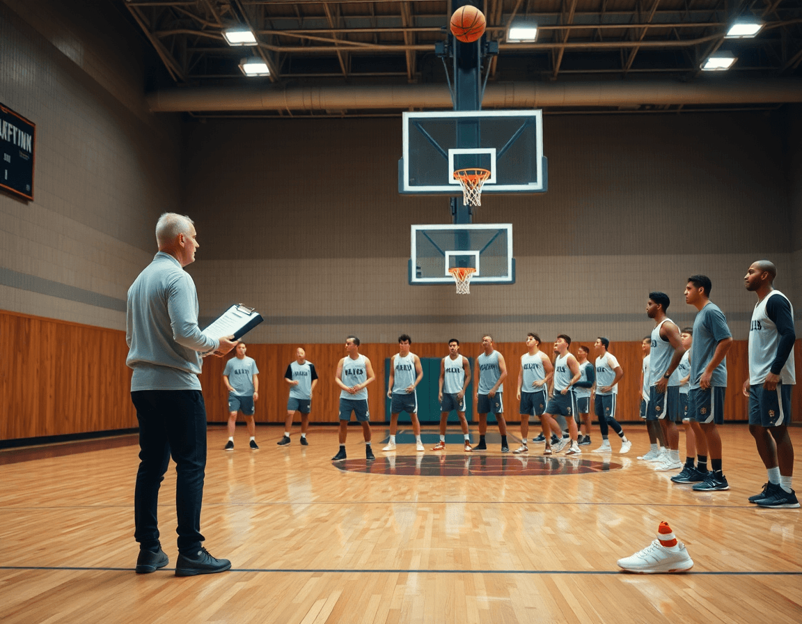 Wide-angle basketball gym scene shows a coach directing a 4 1 motion offense basketball drill.