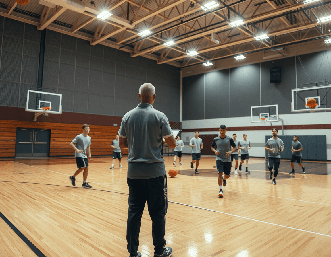 Wide basketball gym scene showing the 4 cones defensive drill in progress with coach guiding players.