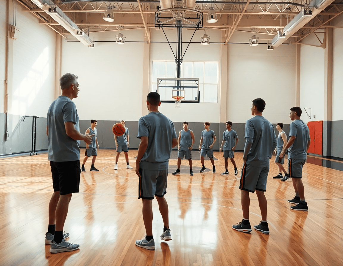 Players execute a 4 out 1 in attack and react motion offense on a basketball court.