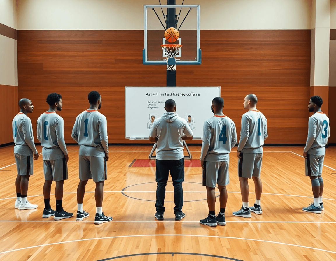 Close-up of a coaching whiteboard and players executing 4 out 1 in motion offense drills pdf planning.