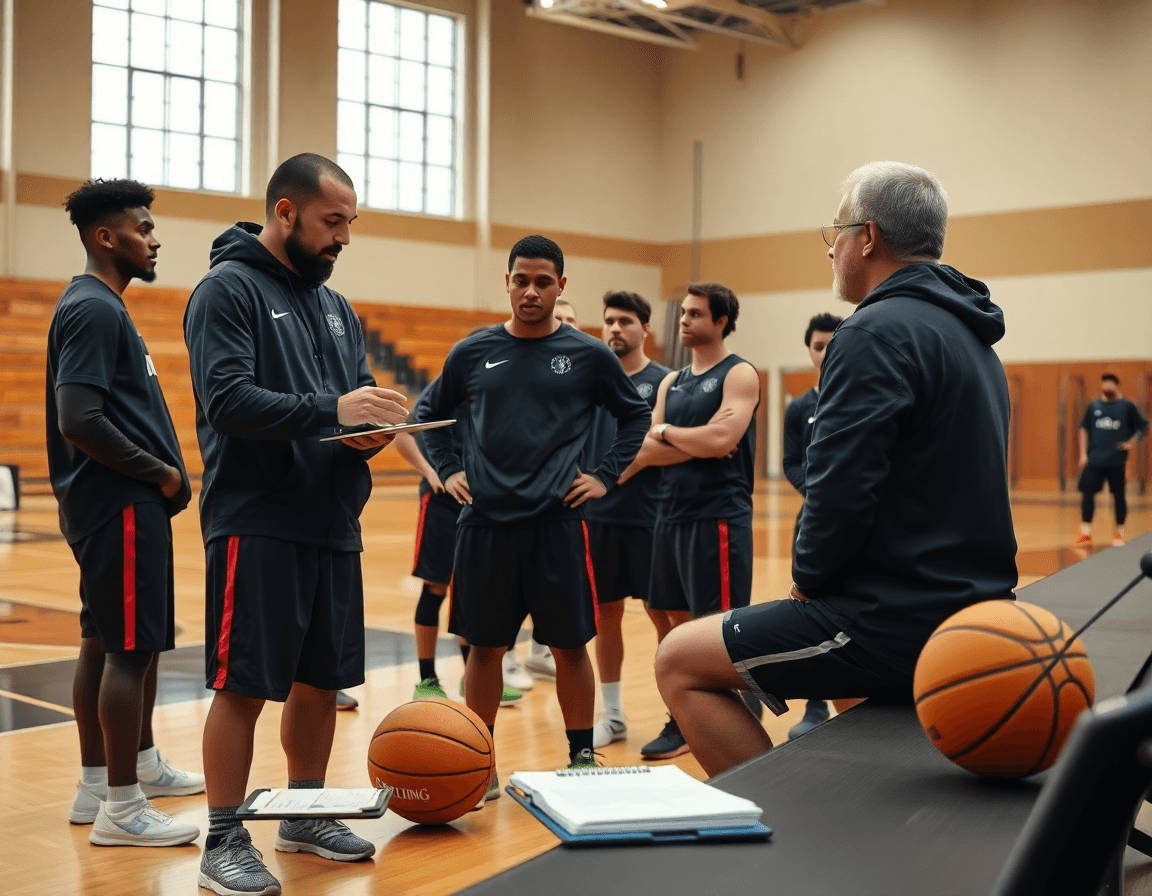 Coach reviews scouting notes with 4 out 1 in motion offense drills pdf on screen.