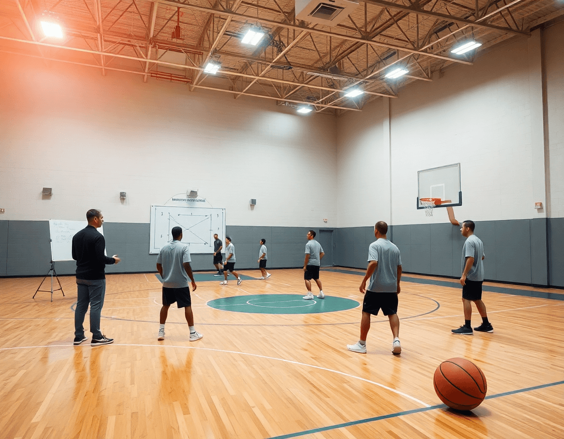 Wide-angle indoor gym showing 4 out 1 in motion offense drills pdf planning with coach.