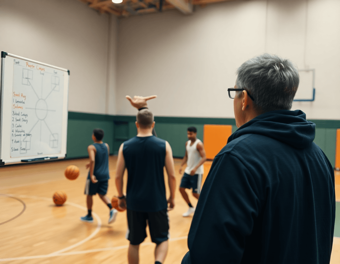Close-up of a coach pointing at a whiteboard showing 4-out 1-in motion offense set plays.