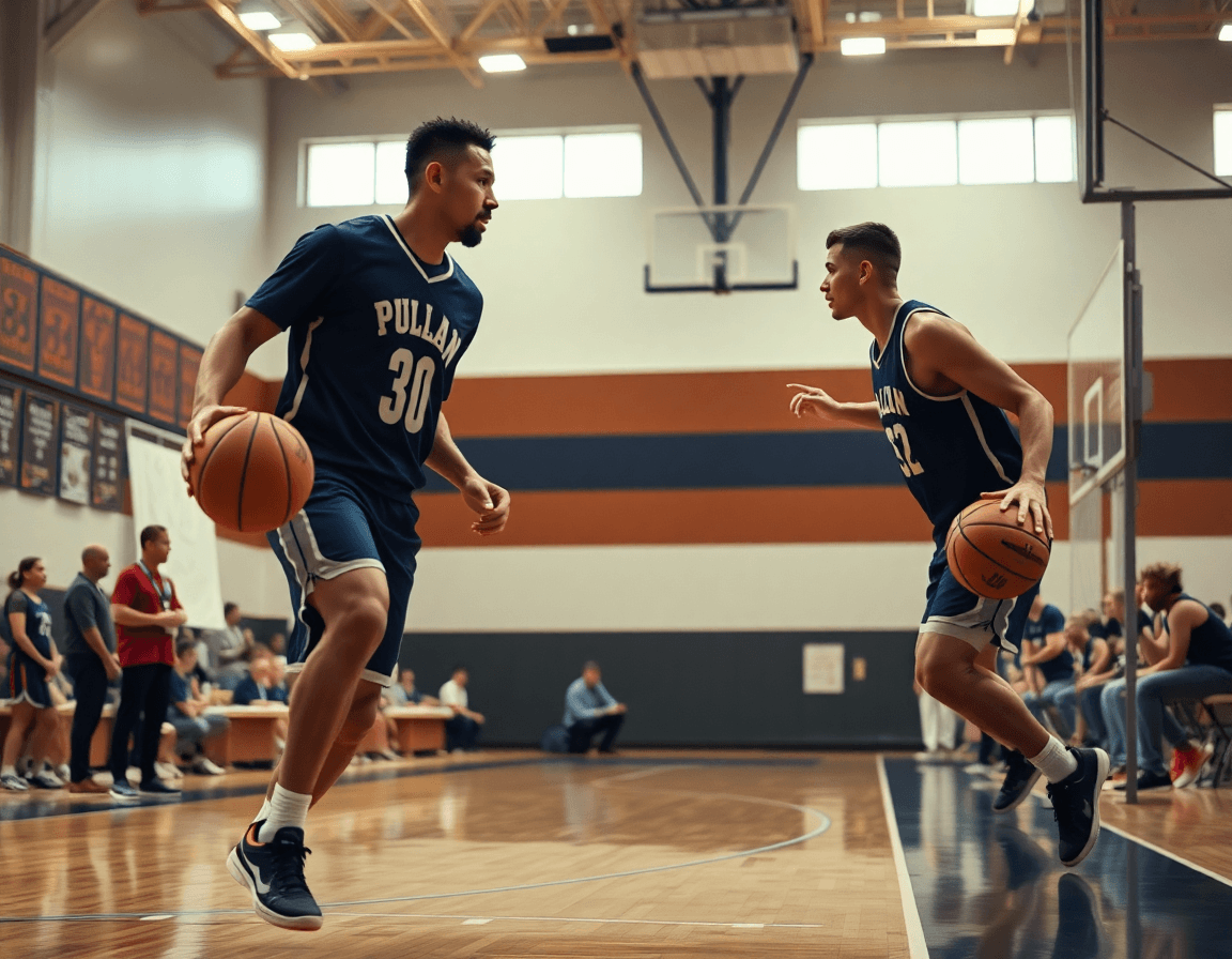 Mid-action basketball shot illustrating 4-out 1-in motion offense set plays on the whiteboard.