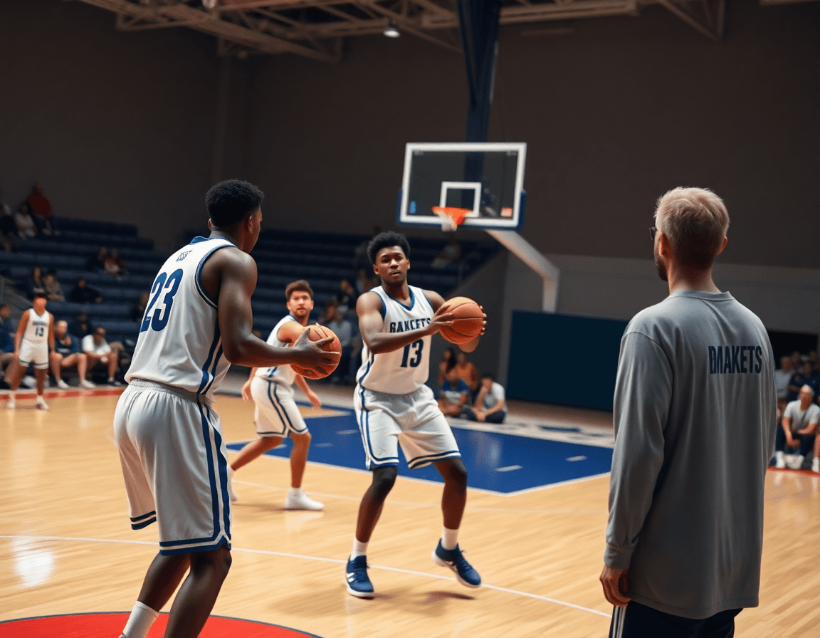 Three players execute a basketball give-and-go near the key while the coach reviews 4-out 1-in motion offense set plays.
