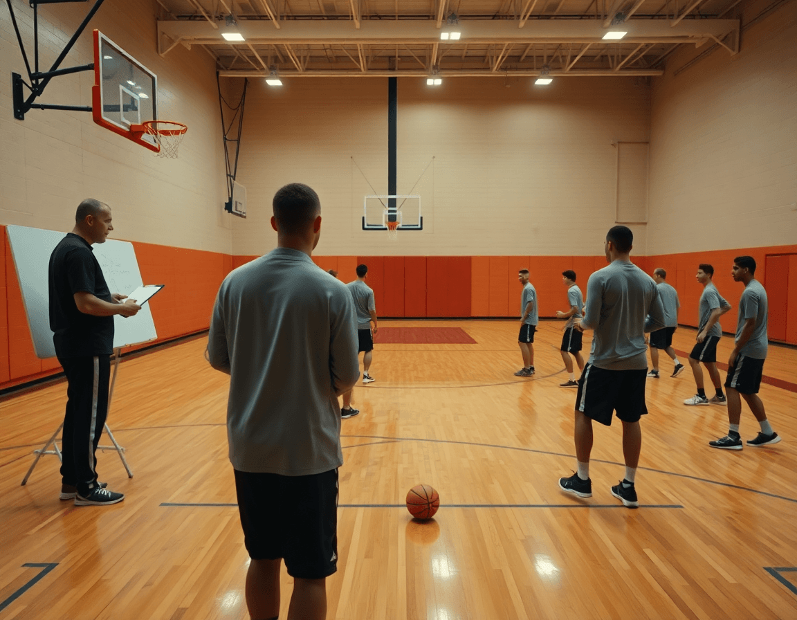 Wide-angle basketball gym scene with a coach teaching 4-out 1-in motion offense set plays during practice.