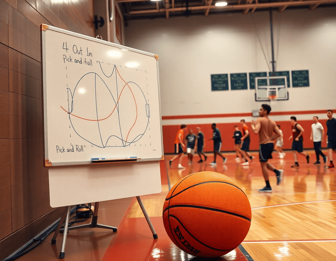 Coach outlines the 4 out 1 in pick and roll offense on a whiteboard beside the court.