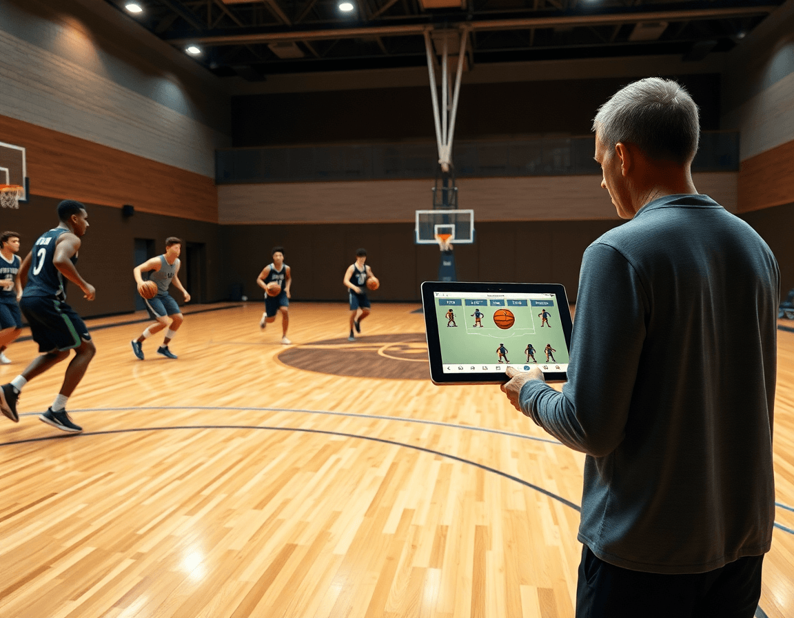 Players execute cuts while coach watches 4 out 1 in pick and roll offense sequences on a tablet.