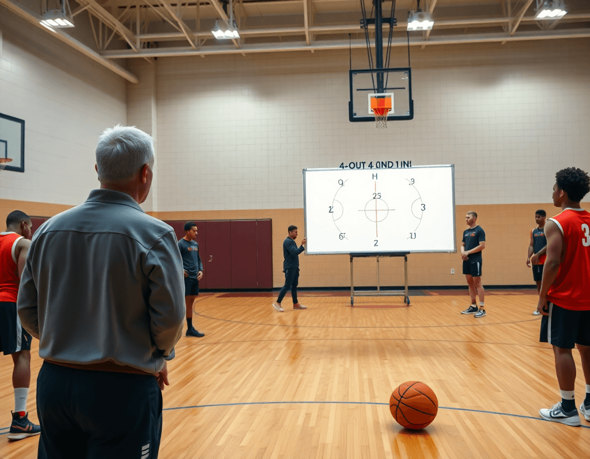 Wide gym scene of players practicing the 4 out 1 in pick and roll offense.