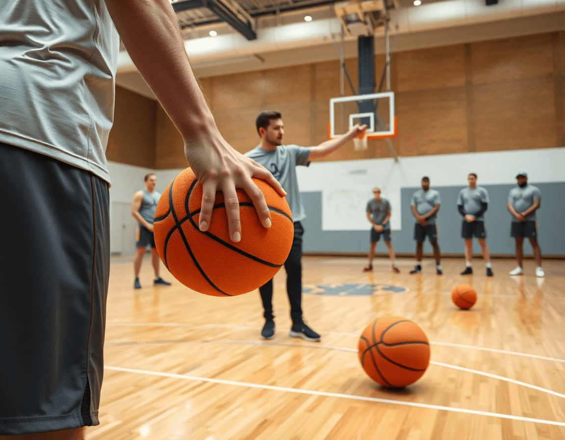 Close-up of hands dribbling a basketball in a gym, reflecting the 5 basic skills in basketball pdf.