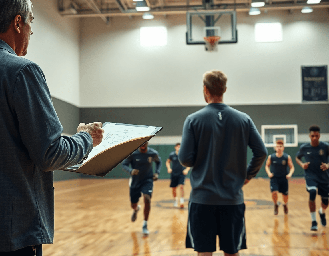 Medium shot of a coach with a clipboard outlining a basketball play on a whiteboard beside the basketball.