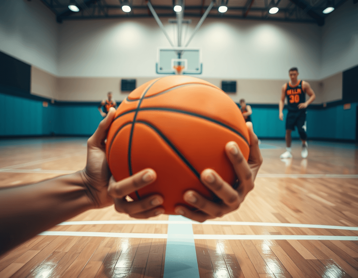 Close-up on hands catching a basketball during a basketball drill on a gym floor.