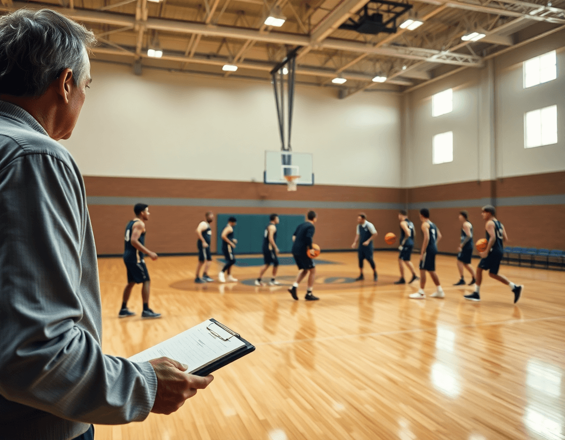 Wide shot of a basketball gym showing a coach guiding a drill on a hardwood basketball court.