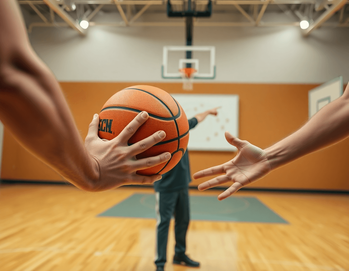 Close-up of hands passing an orange basketball during 5 out motion offense drills on a hardwood basketball court.