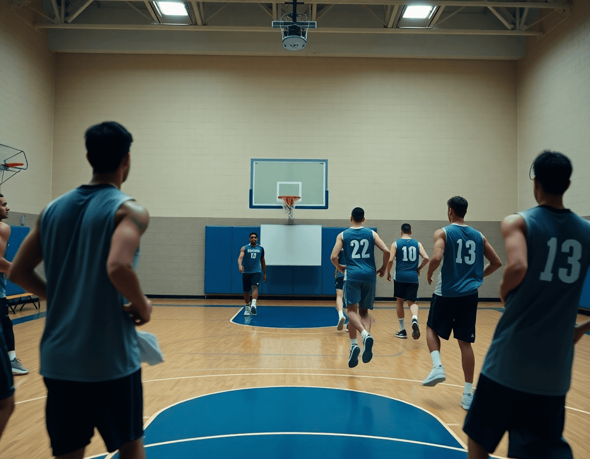 Wide shot of basketball coach with whiteboard as players run 5 out motion offense drills.
