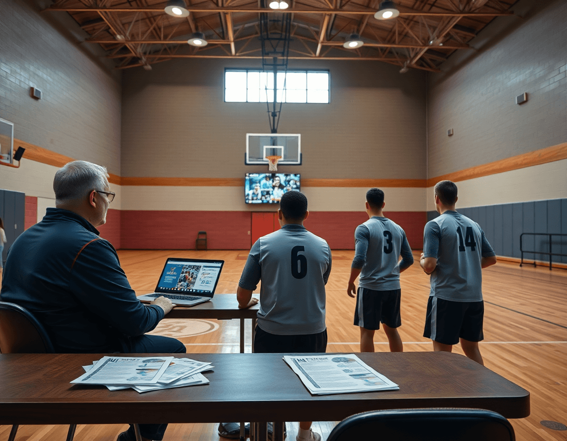 Coach reviews 5 out motion offense drills on video as players analyze basketball clips in the gym.